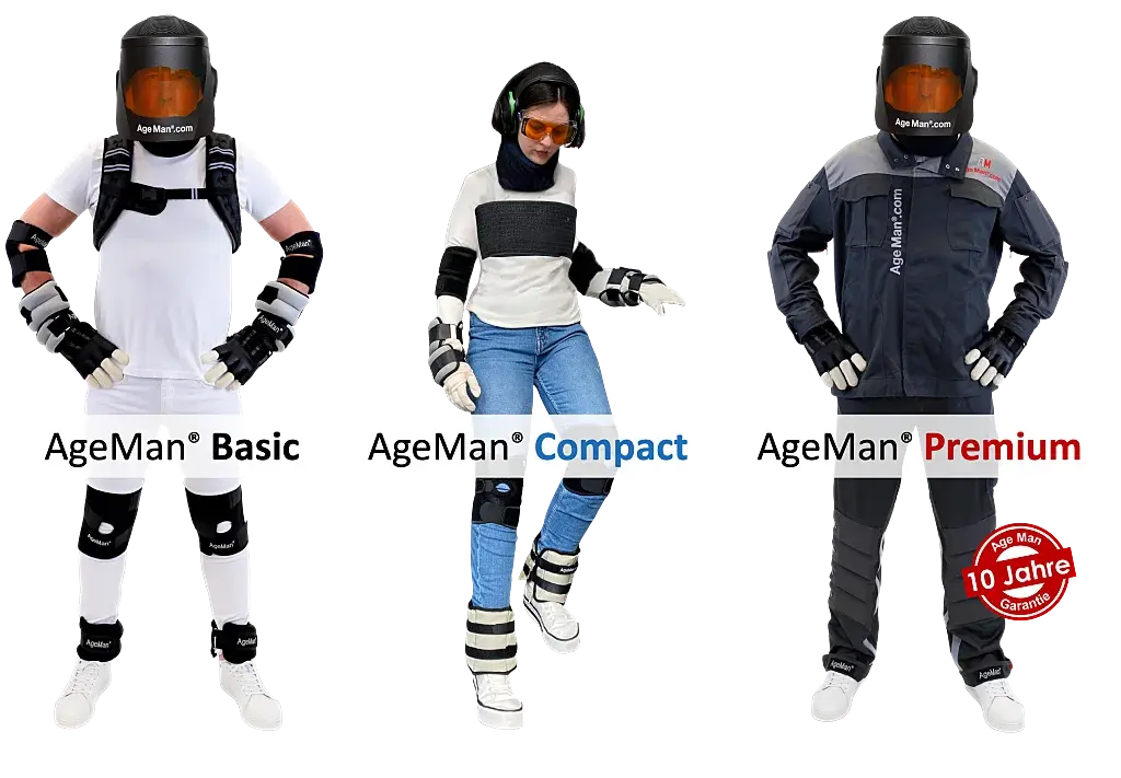 Alterssimulationsanzug AgeMan in 3 Modellen Drei Modelle Alterssimulationsanzug AgeMan: Basic, Compact und Premium