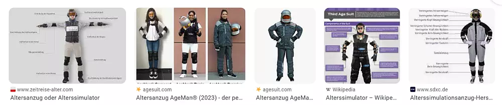 Fünf beispielhafte Abbildungen von Alterssimulationsanzügen