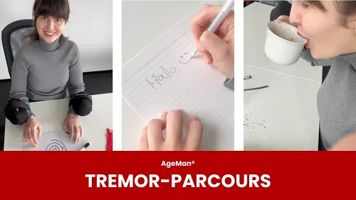 Startbild eines Videos, in dem eine junge Frau mit einem Tremor Simulator verschiedene Tätigkeiten durchführt.