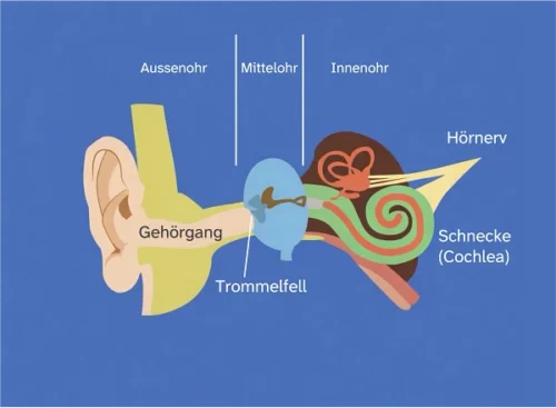 Schematische Darstellung des menschlichen Ohrs: Aussenohr, Mittelohr, Innenohr