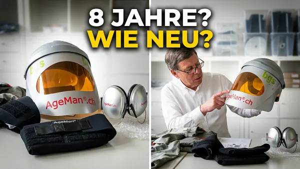 Inspektion eines 8 Jahre alten Alterssimulationsanzugs: links die Einzelteile, rechts Prüfer inspiziert das Visier.